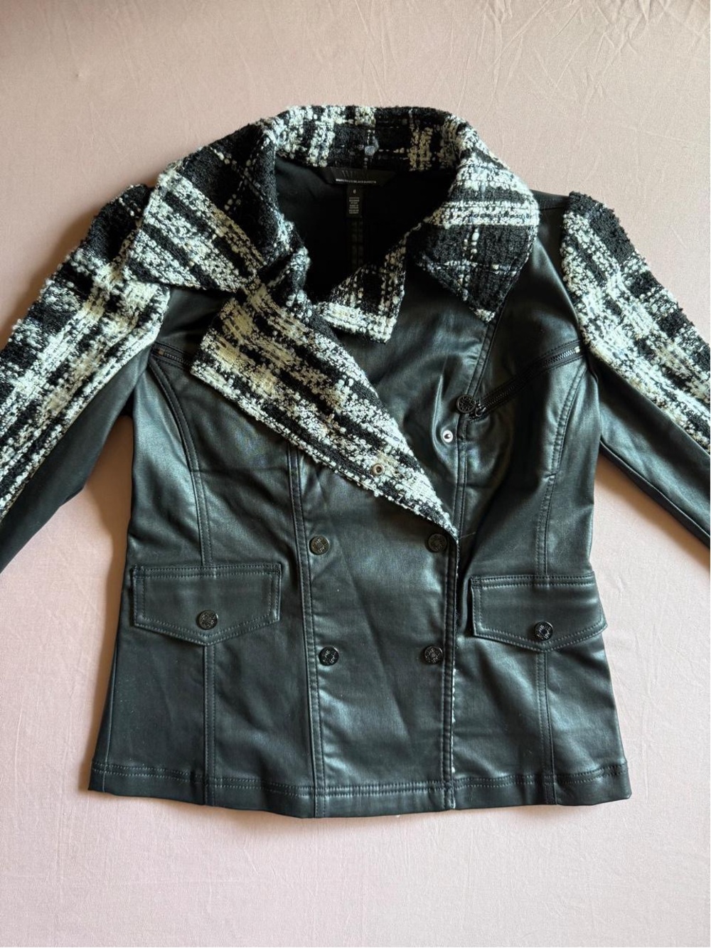 White House Black Market Leather Jacket Plaid Tweed Trim Size 6